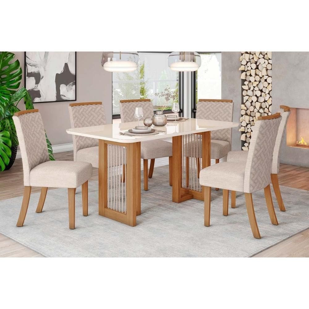 Conjunto: Mesa de Cozinha Yara c/ Tampo Madeirado c/ Vidro Curvo 160x90cm e 6 Cadeiras Malu Nature/Linho - Henn