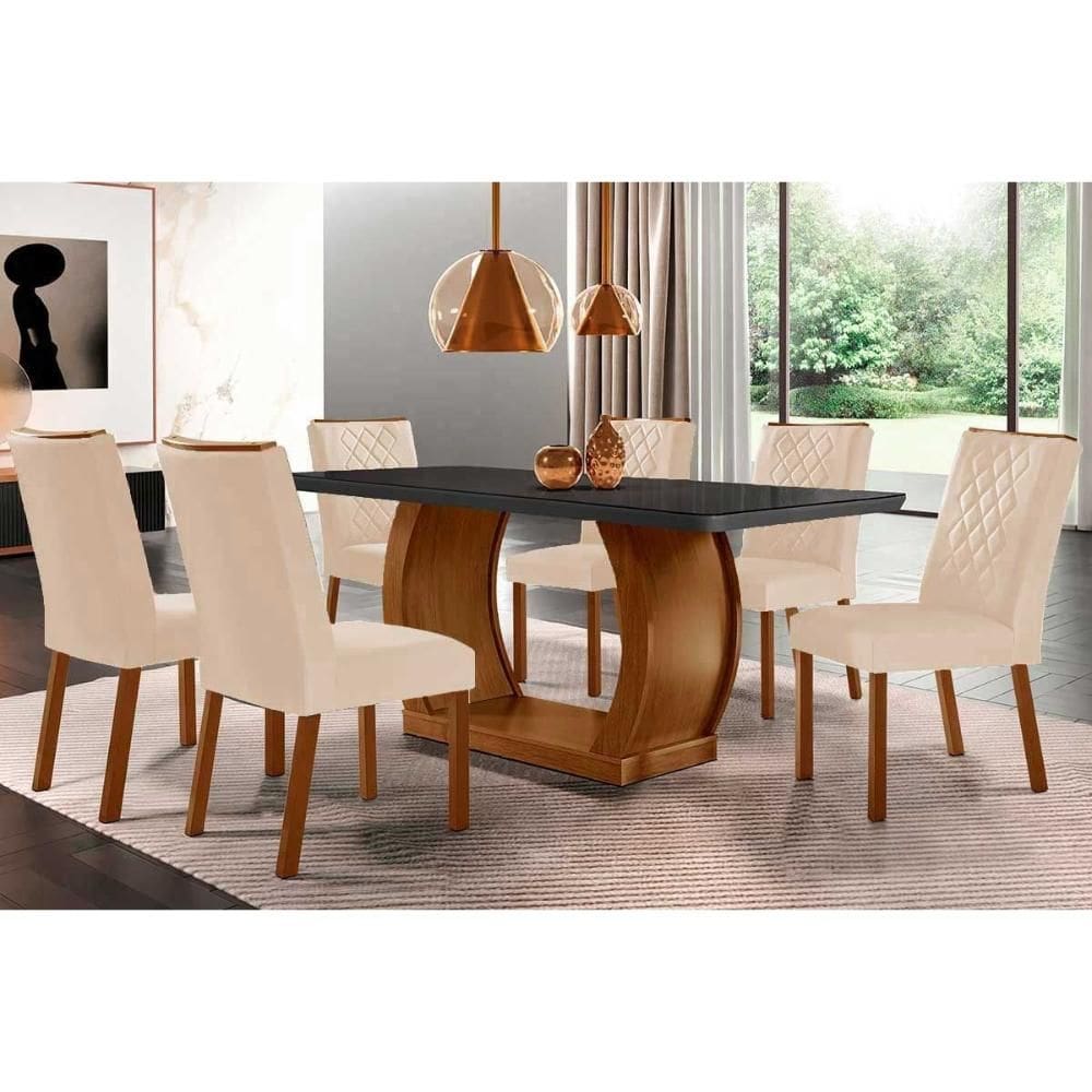 Conjunto: Mesa de Cozinha Jade c/ Tampo Madeirado c/ Vidro Canto Curvo 180x90cm e 6 Cadeiras Jade Imbuia/Grafite - Suede Creme - Rufato