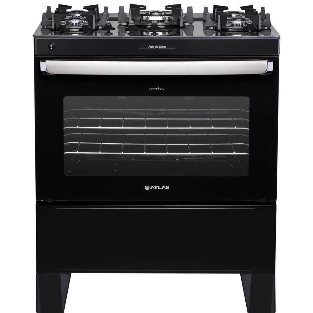 Fogão 5 Bocas Atlas Agile Up Glass Preto Com Mesa De Vidro Bivolt
