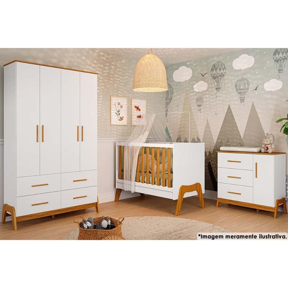 Quarto de Bebê Completo Guti Peças (1 Guarda Roupa + 1 Berço + 1 Cômoda) Branco/Amendoa - Peroba