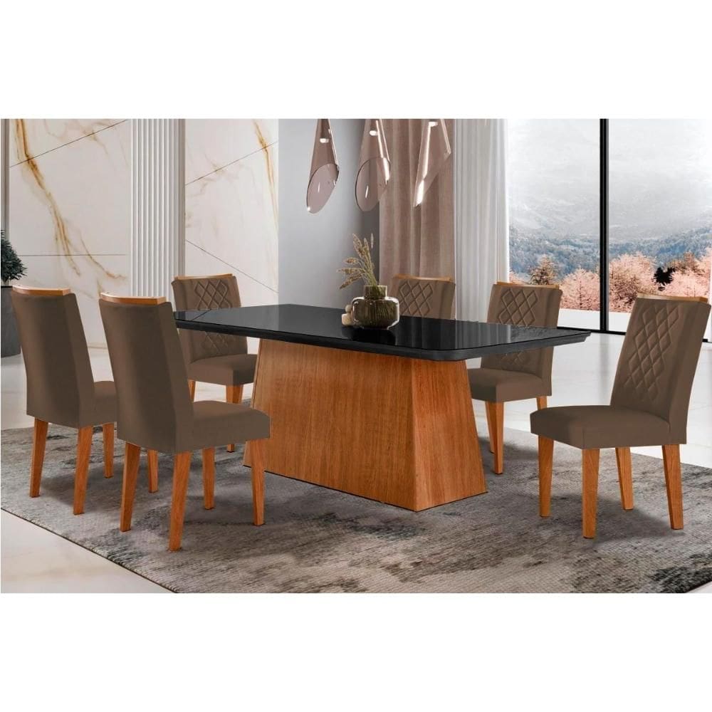 Conjunto: Mesa de Cozinha Luna c/ Tampo de Vidro Canto Curvo 180x90cm e 6 cadeiras Jade Imbuia/Grafite - Suede Marrom - Rufato