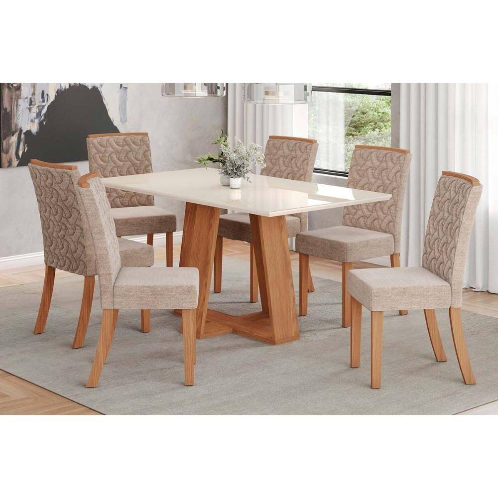 Conjunto: Mesa de Cozinha Lins c/ Tampo Madeirado c/ Vidro 160x90cm e 6 Cadeiras Esther Nature/Linho Creme - Henn