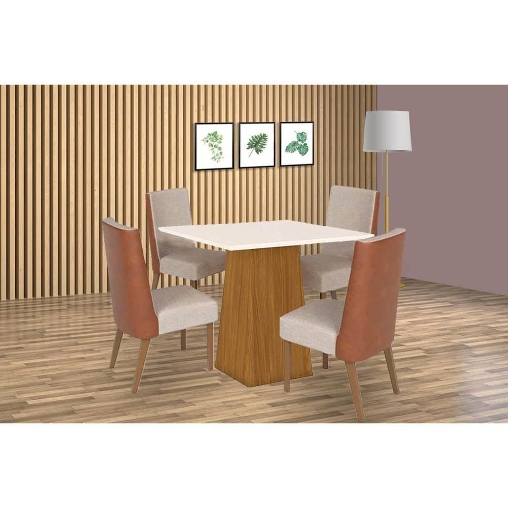 Conjunto: Mesa de Cozinha Dora Tampo Madeirado 90x90cm e 4 Cadeiras Anne Nature/Courano/Linho - Henn