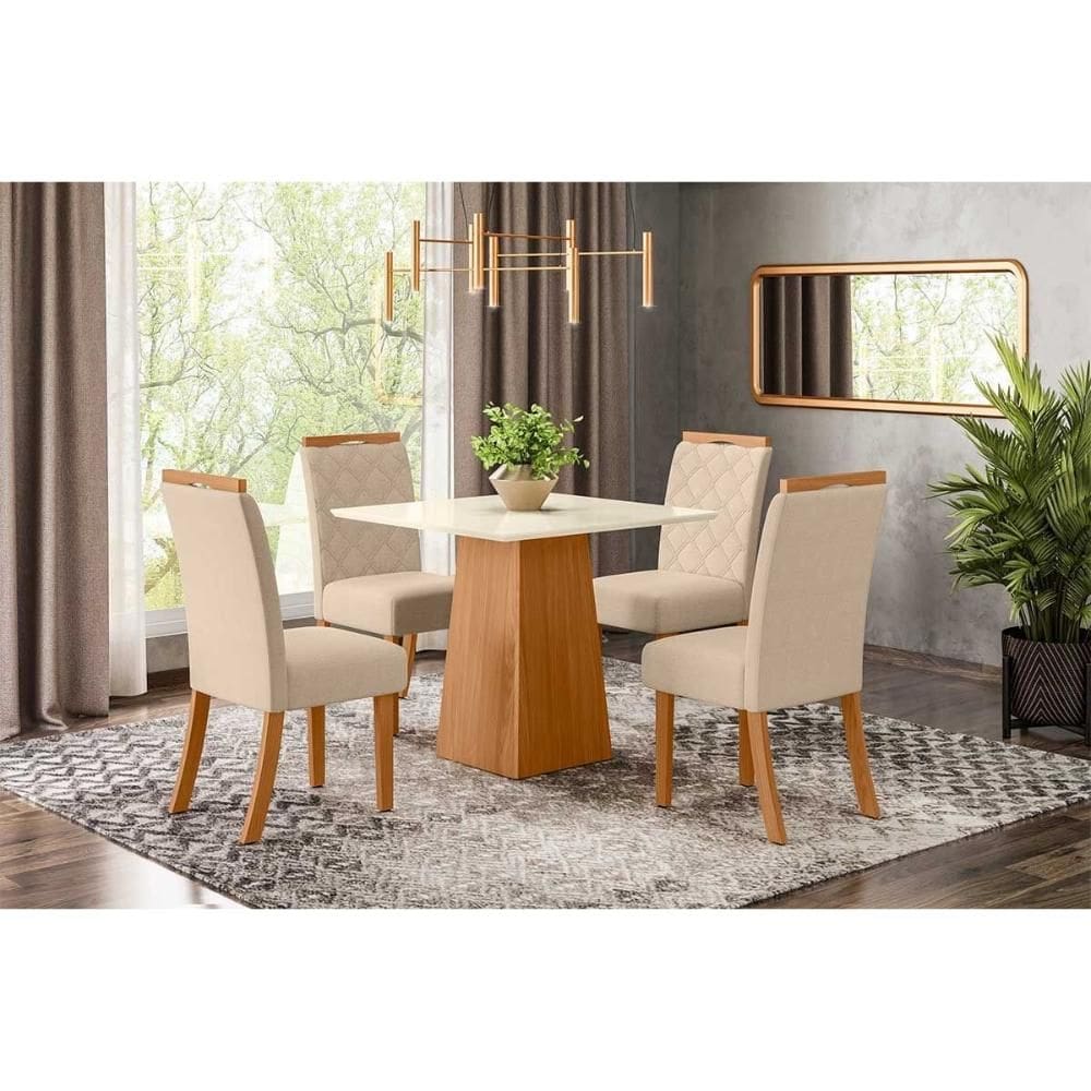 Conjunto: Mesa de Cozinha Dora Tampo Madeirado 90cm e 4 Cadeiras Bella Nature/Linho - Henn