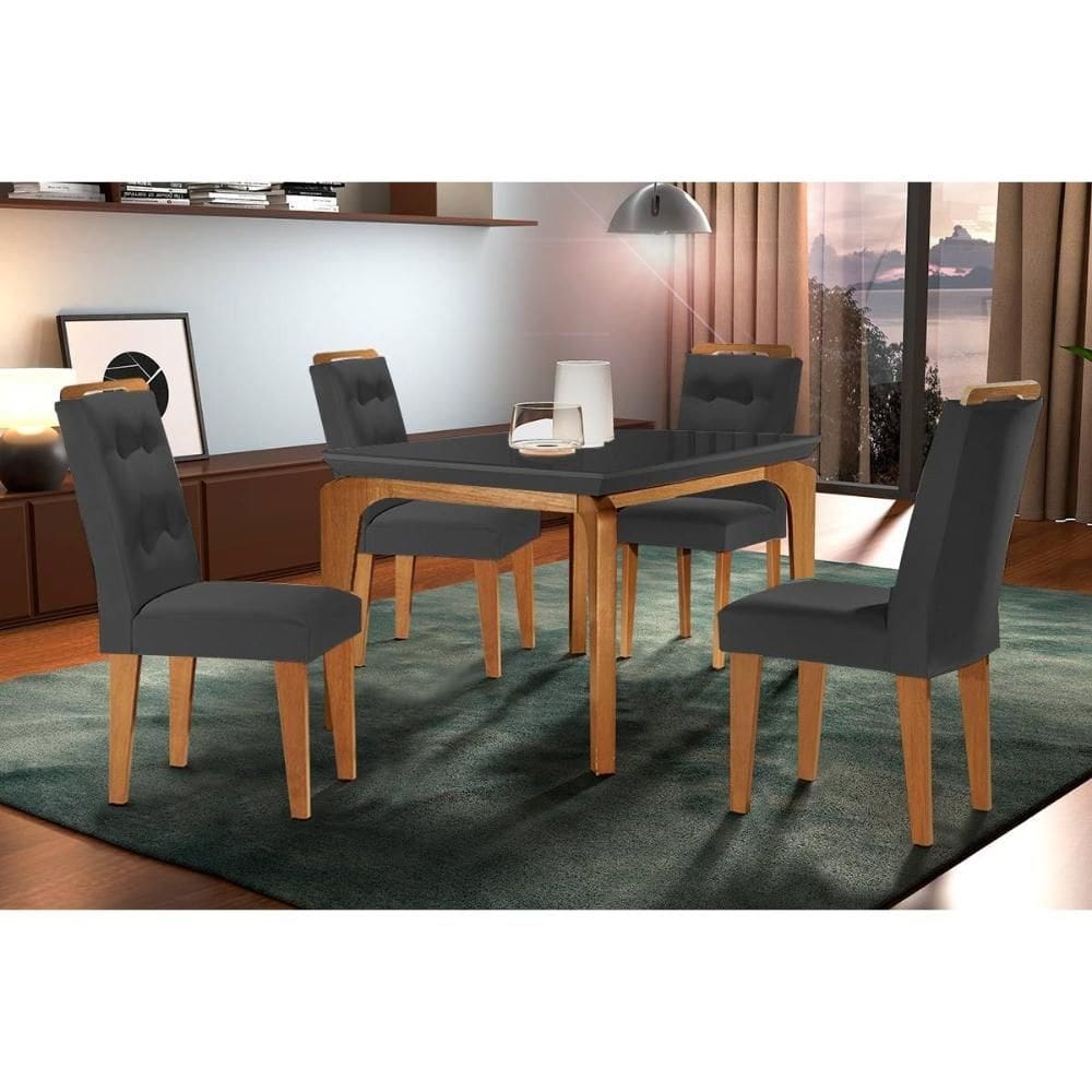 Conjunto: Mesa de Cozinha Londrina c/ Tampo Madeirado c/ Vidro Canto Reto 120x80cm e 4 cadeiras Imperatriz Imbuia/Grafite - Suede Grafite - Rufato