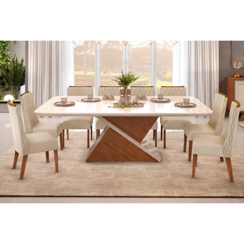 Conjunto: Mesa Sala Jantar Zafira Tampo Madeirado c/ Vidro Curvo 200x100cm e 8 Cadeiras Jade Freijo/Off White - Linho Neve - DJ Móveis