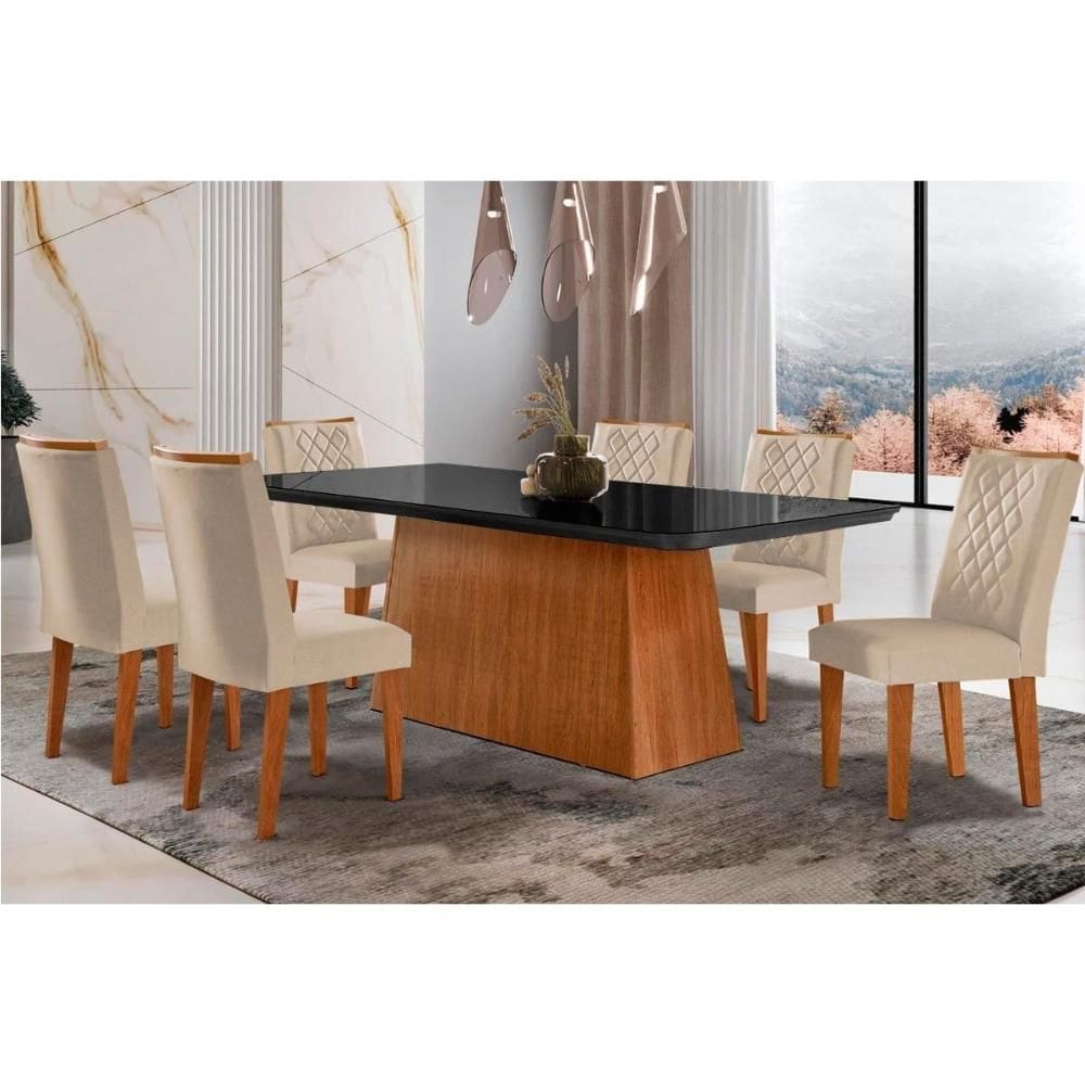 Conjunto: Mesa de Cozinha Luna c/ Tampo de Vidro Canto Curvo 180x90cm e 6 cadeiras Jade Imbuia/Grafite - Suede Creme - Rufato