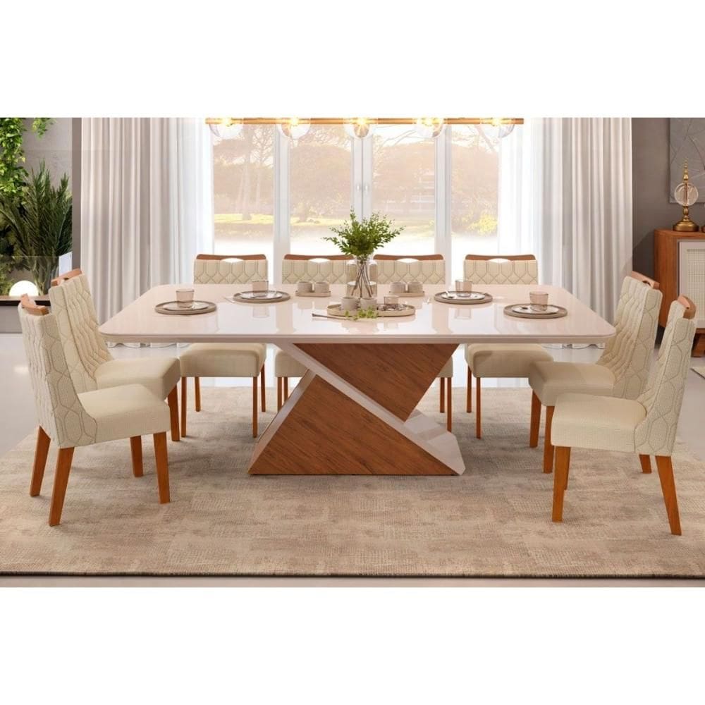 Conjunto: Mesa Sala Jantar Zafira Tampo Madeirado c/ Vidro Curvo 200x100cm e 8 Cadeiras Bia Freijo/Off White - Linho Neve - DJ Móveis
