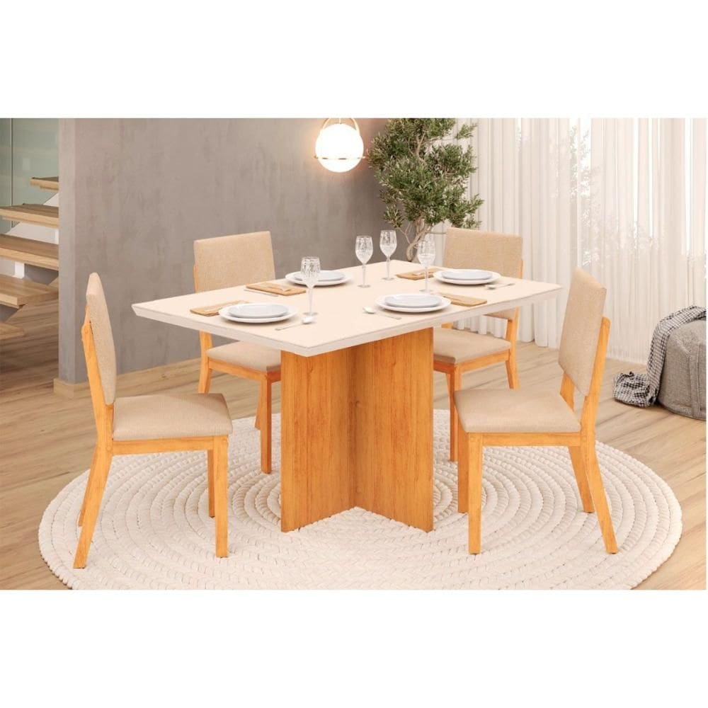 Conjunto: Mesa de Cozinha Italia c/ Tampo Madeirado c/ Vidro 120x90cm e 4 Cadeiras Talia Cedro/Off White - Suede Creme - DJ Móveis