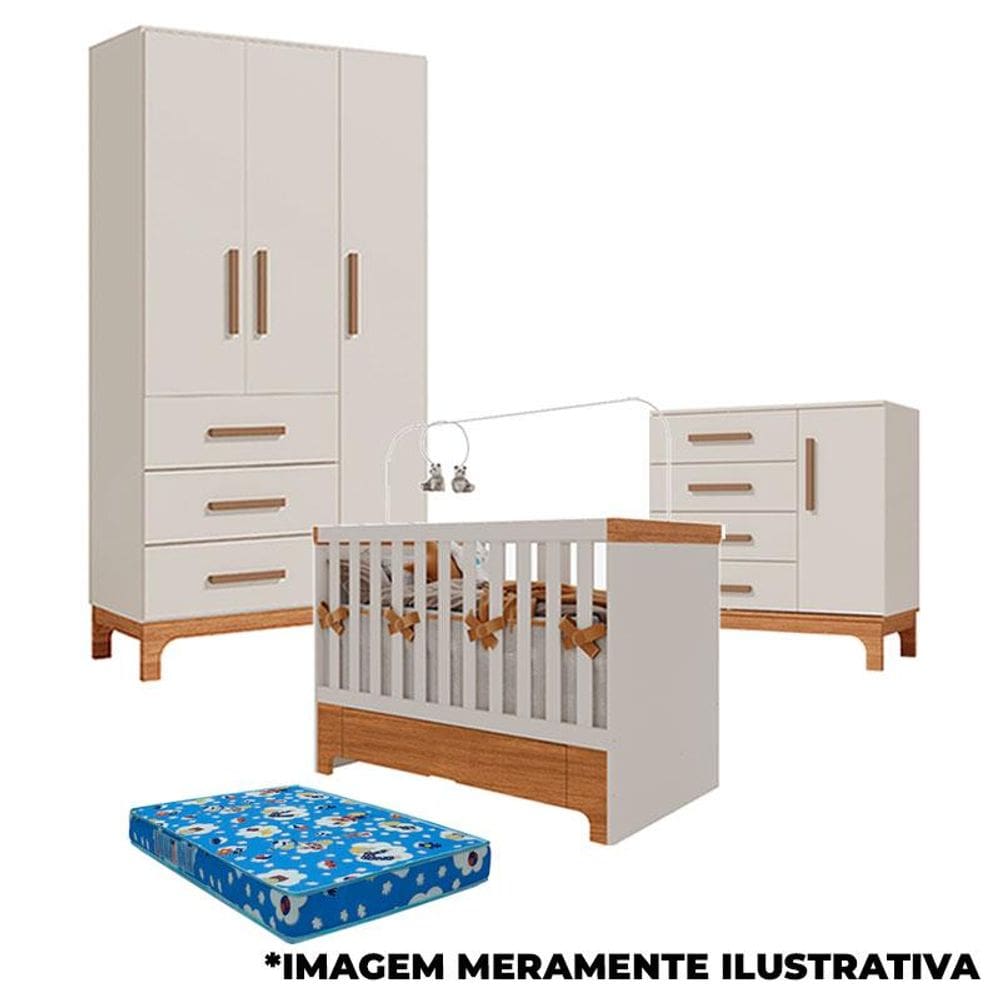 Quarto de Bebê Pega Pega e Berço Americano Mini Cama com Gaveta Antonella Off White Caramelo e Colchão - Canaã