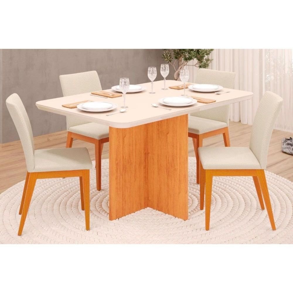 Conjunto: Mesa de Cozinha Hera Tampo Madeirado c/ Vidro 120x90cm e 4 Cadeiras Vitória Cedro/Off White - Ipe/Linho Neve - DJ Móveis