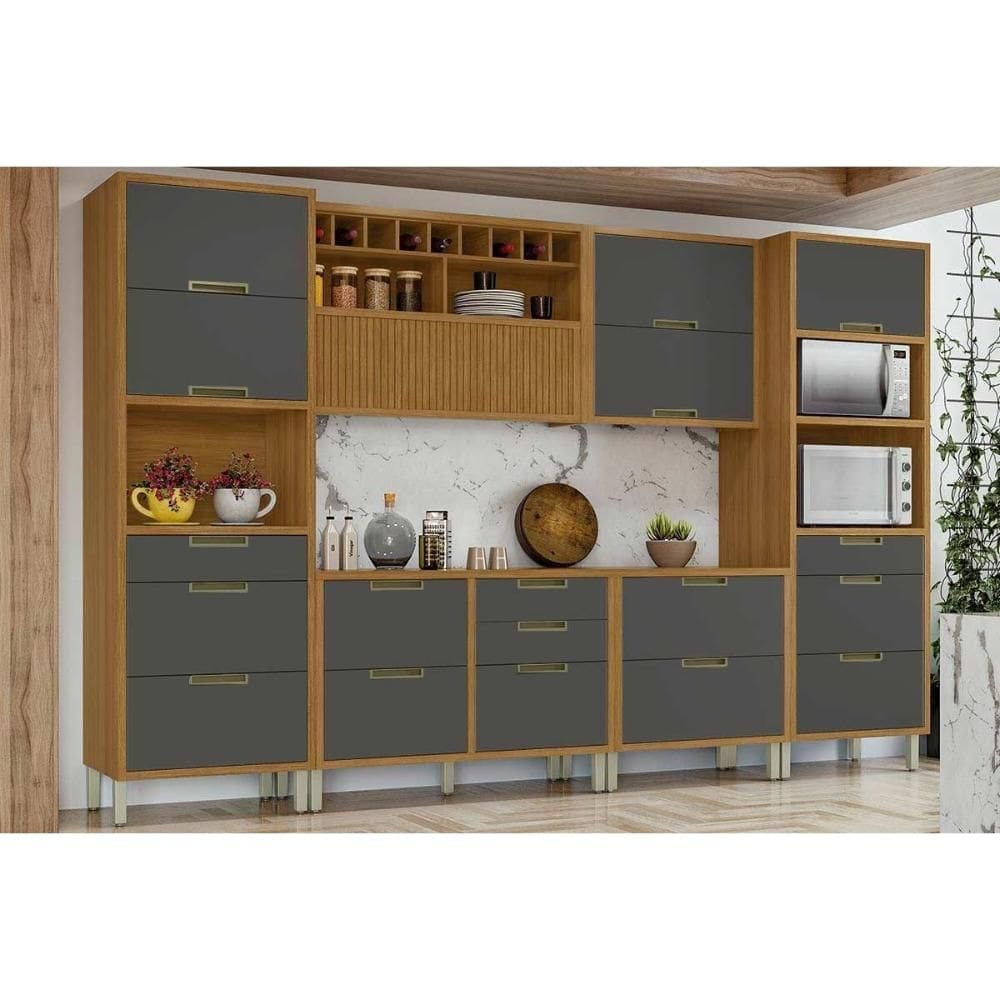 Kit 6 Cadeiras de Cozinha Imperatriz 6 Peças (2Aéreos+2Balcões+1Paneleiro) C6P48 Freijo/Grafite - Nesher