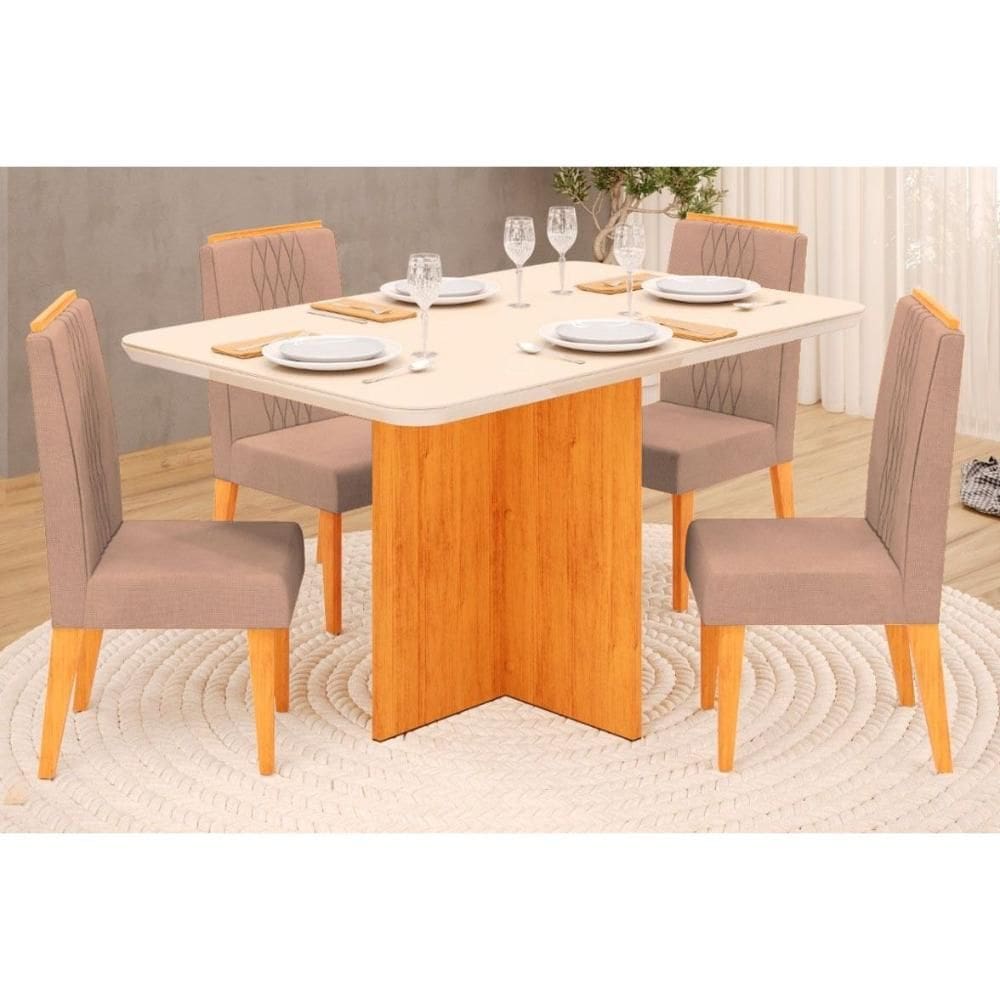 Conjunto: Mesa de Cozinha Hera Tampo Madeirado c/ Vidro Reto 120x90cm e 4 Cadeiras Lia Cedro/Off White - Suede Kraft - DJ Móveis