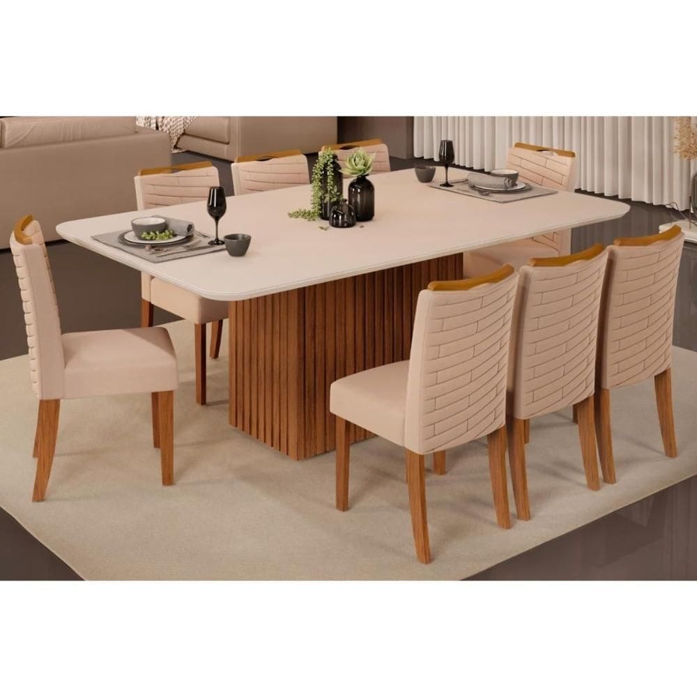 Conjunto: Mesa Sala Jantar Canes Tampo Madeirado c/ Vidro Curvo 200x100cm e 8 Cadeiras Julia Freijo/Off White - Suede Kraft - DJ Móveis