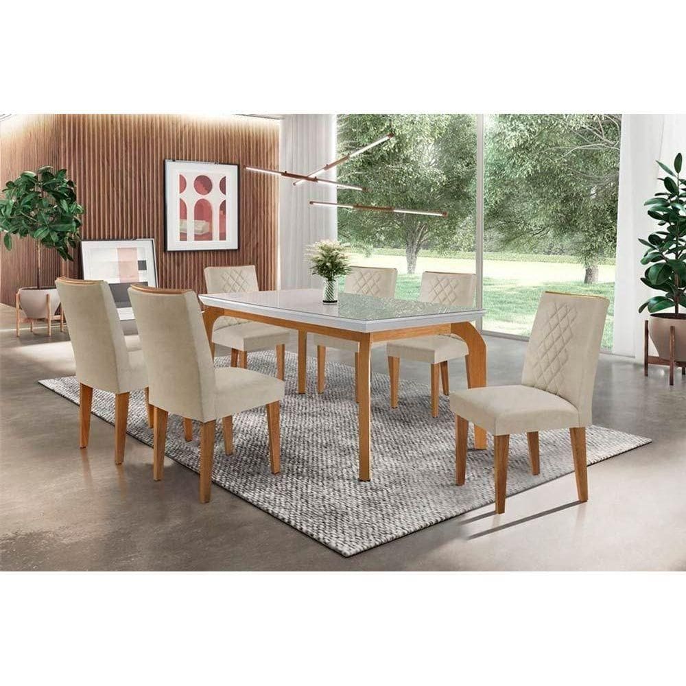 Conjunto: Mesa de Cozinha Londrina Tampo Madeirado c/ Vidro 180x90cm e 6 Cadeiras Jade Capuccino/Linho Bege Turim - Rufato