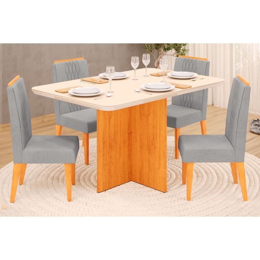Conjunto: Mesa de Cozinha Hera Tampo Madeirado c/ Vidro Reto 120x90cm e 4 Cadeiras Lia Cedro/Off White - Suede Lunar - DJ Móveis