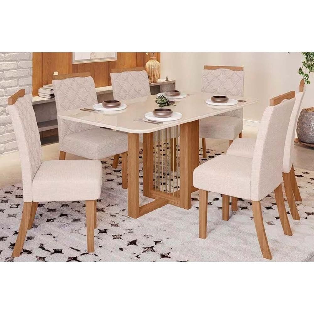 Conjunto: Mesa de Cozinha Natali c/ Tampo Madeirado c/ Vidro Curvo 160x90cm e 6 Cadeiras Bella Nature/Linho - Henn