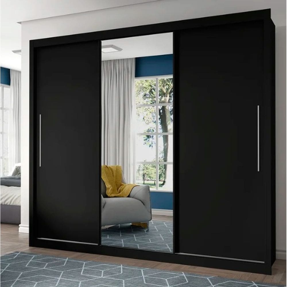 Guarda Roupa Casal com Espelho Grande 3 Portas de Correr 4 Gavetas Royale Preto Acetinado / Naturalle MDF