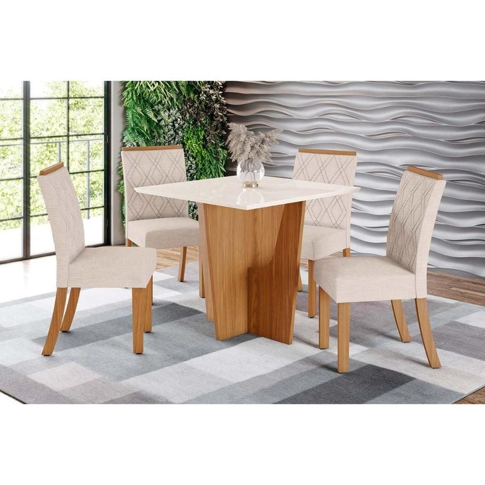 Conjunto: Mesa de Cozinha Vértice c/ Tampo Reto Madeirado c/ Vidro 90x90cm e 4 Cadeiras Vita Nature/Linho - Henn
