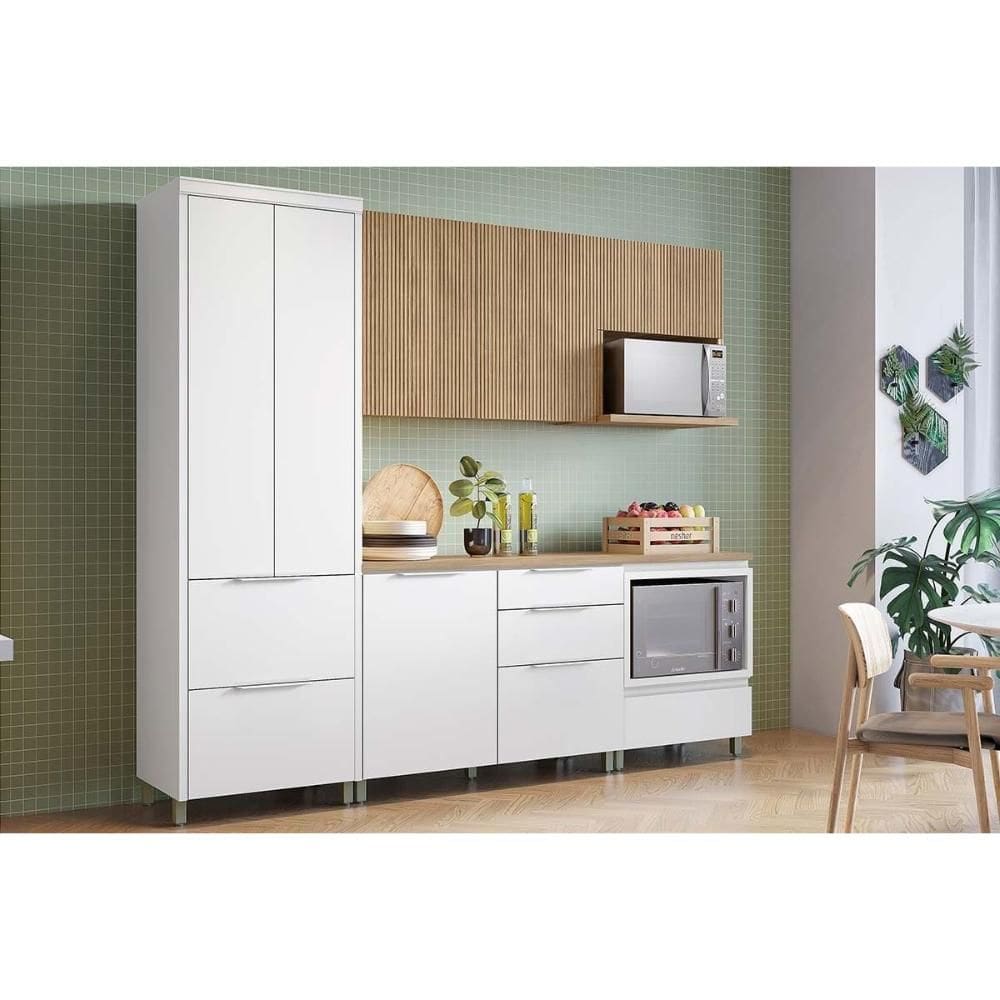 Cozinha Modulada Nesher Marquesa Rainha e 5 Peças (2Aéreos+2Balcões+1Paneleiro) C5P111 Nature/Branco-Nesher