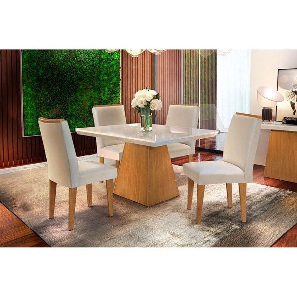 Conjunto: Mesa de Cozinha Luna Tampo Madeirado c/ Vidro Canto Reto 120x80cm e 4 Cadeiras Lunara Capuccino/Suede Creme - Rufato