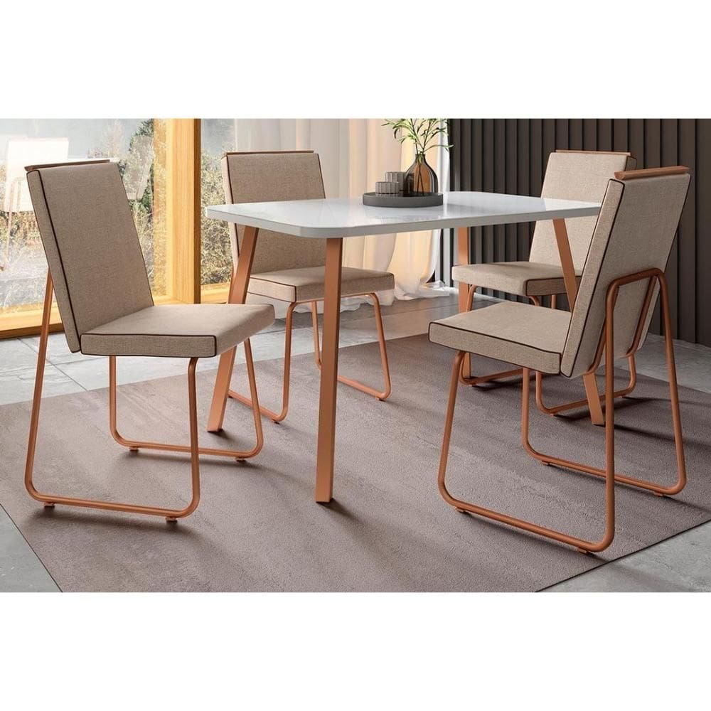 Conjunto Mesa Ariel Menor 1602 Tampo Madeirado c/ Vidro 120x80cm e 4 Cadeiras Lira Gelo/Off White Rose - Cobre/Linho Areia/-Carraro