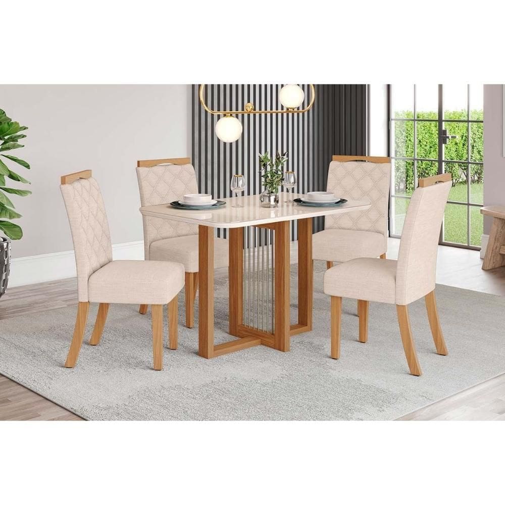 Conjunto: Mesa de Cozinha Natalí c/ Tampo Madeirado c/ Vidro Curvo 120x80cm e 4 Cadeiras Bella Nature/Linho - Henn