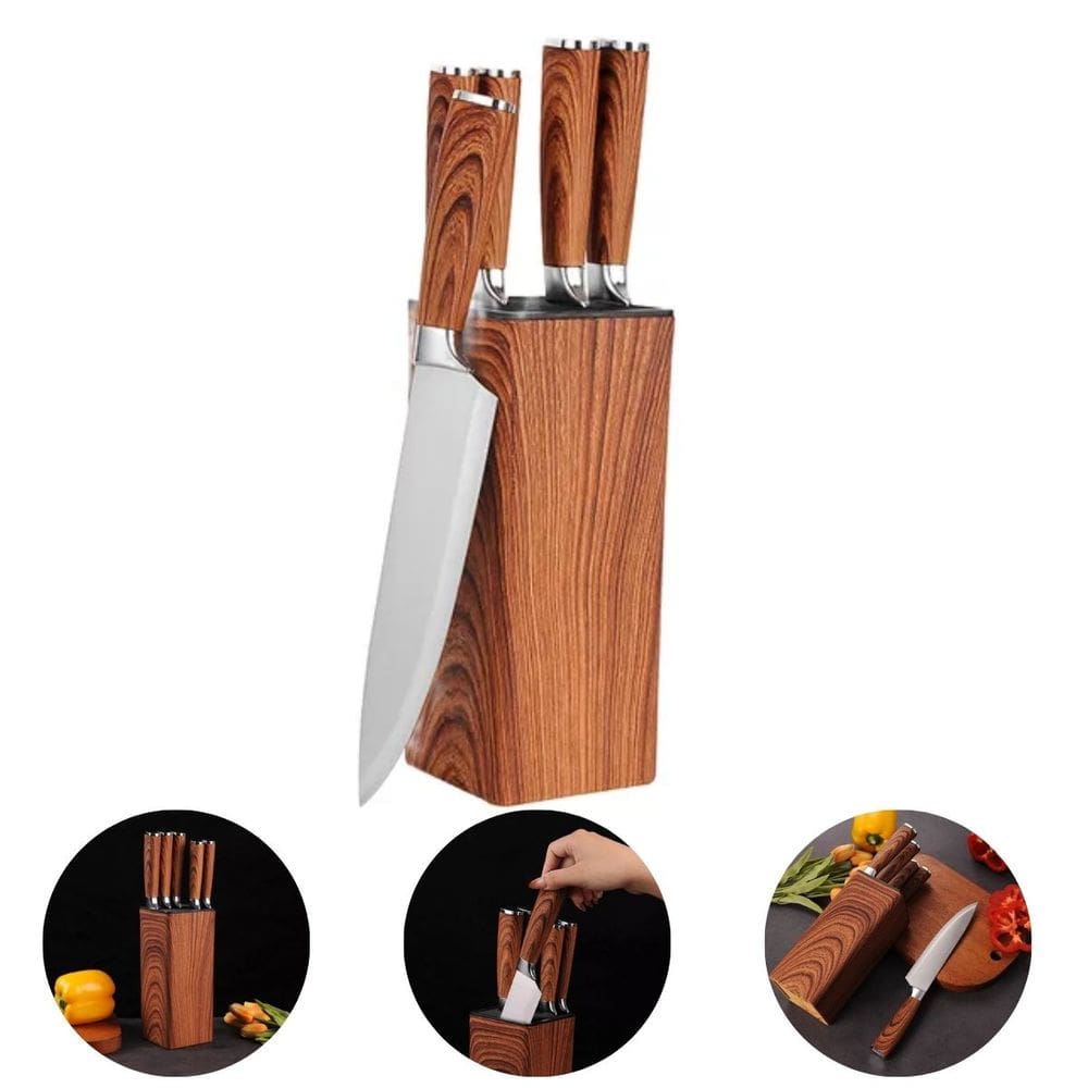 Conjunto de Facas para Cozinha ou Churrasco em Aço Inox com Suporte Cepo