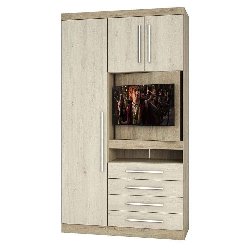 Guarda Roupa Solteiro 129 Cm 3 Portas 4 Gavetas Com Painel Giratório Para Tv Master Luciane Móveis