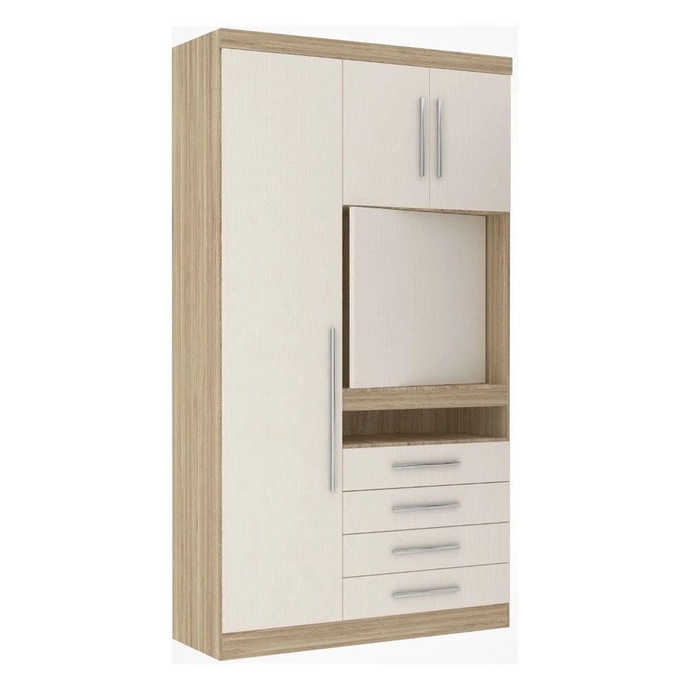 Guarda Roupa Solteiro 129 Cm 3 Portas 4 Gavetas Com Painel Giratório Para Tv Master Luciane Móveis