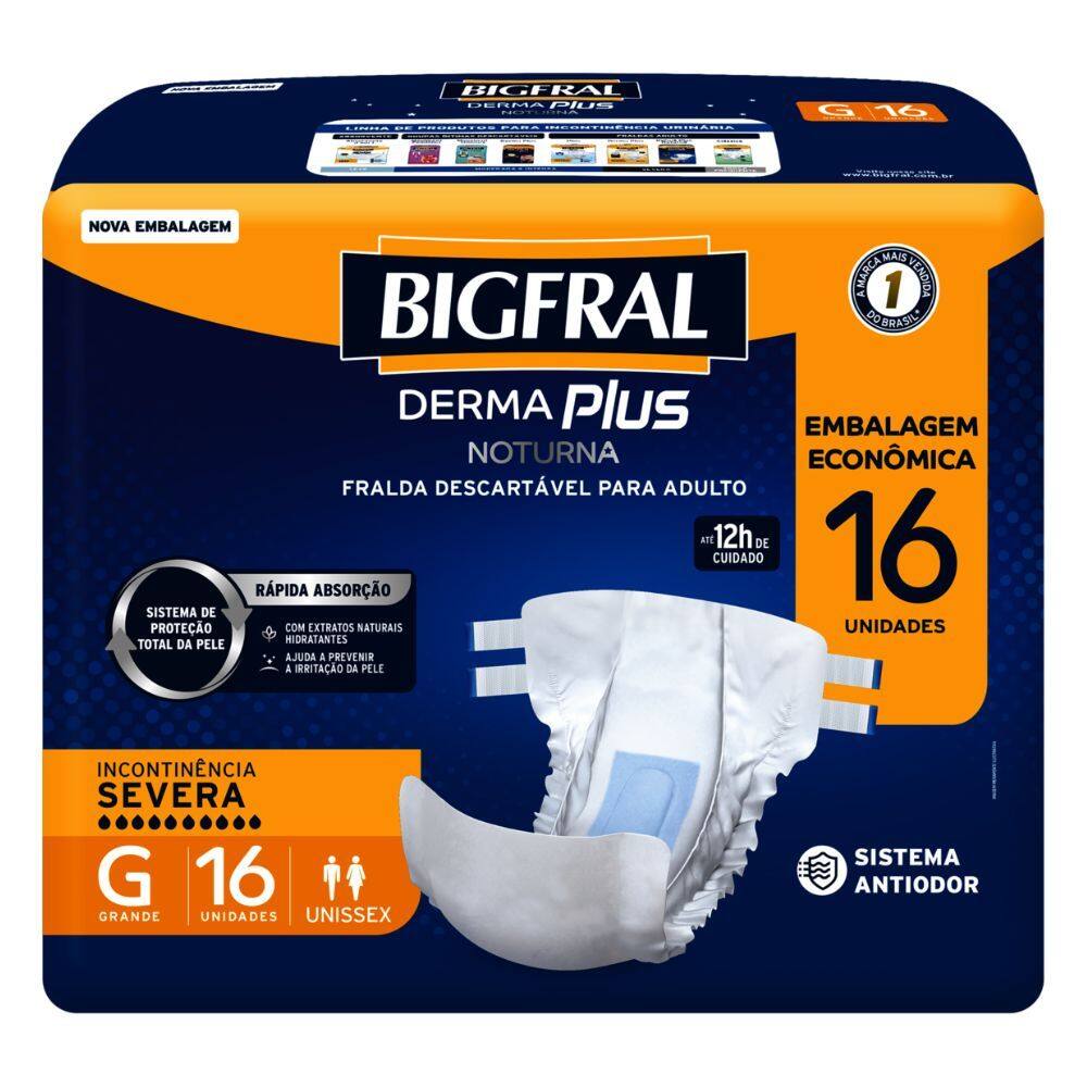 Fralda Geriátrica Bigfral Derma Plus Noturna Unissex Tamanho G Descartável com 16 Unidades
