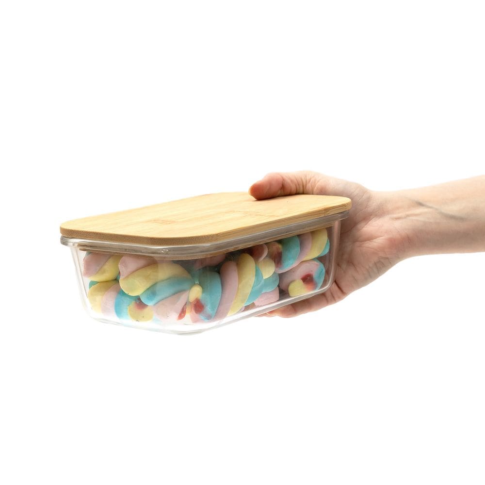 Pote de vidro 800ml com tampa de bambu hermético retangular - Tud