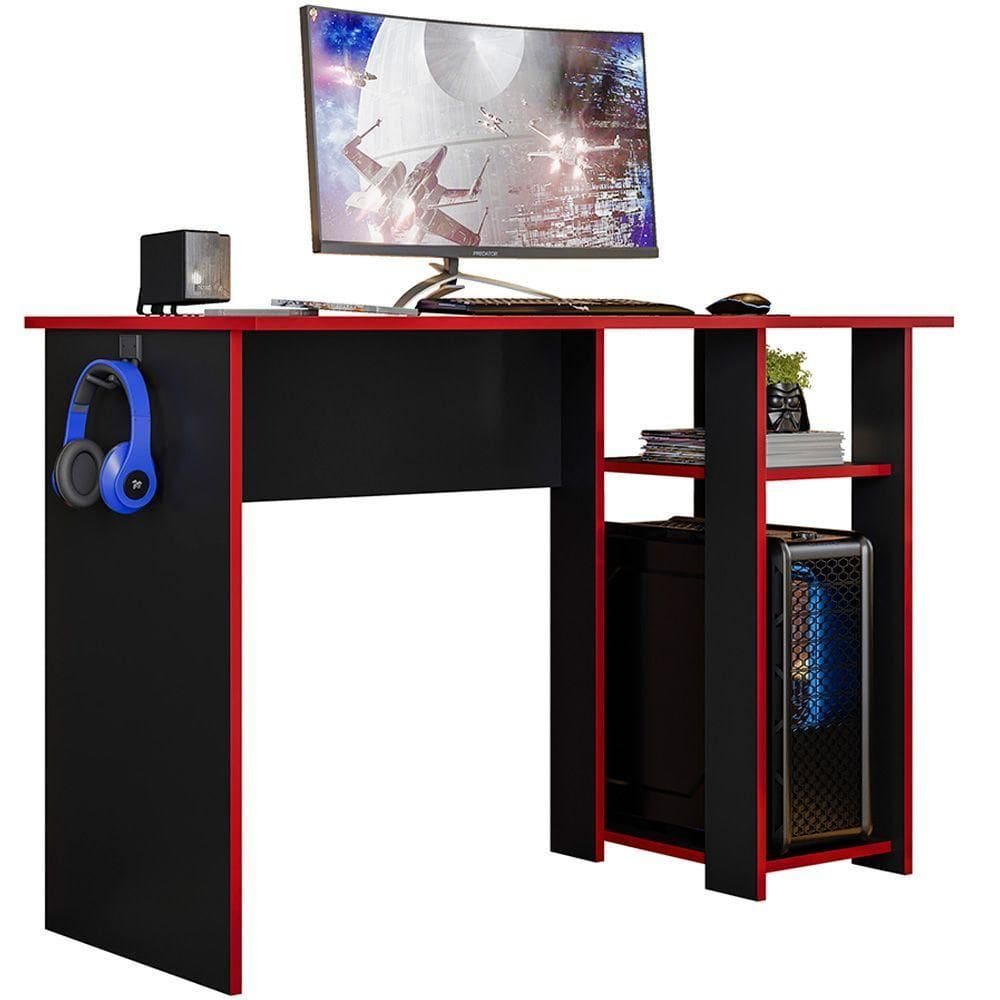 Mesa Gamer Slim Preto Fosco Texturizado Vermelho Plla