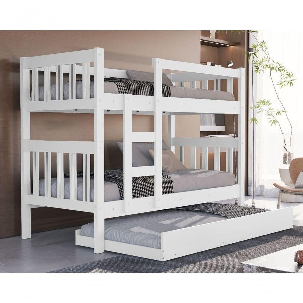 Beliche Solteiro Adulto Alta Branca 100% Mdf Cama Auxiliar 3 Colchão Cama Grande