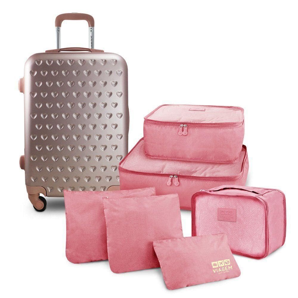 Kit Mala De Bordo E Organizadores De Malas 6 Pçs Love Rosa Gold Rosa