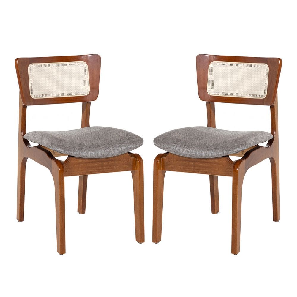 Kit 2 Cadeiras de Jantar Portugal em Madeira Imbuia Tela Rattan Linho Cinza L55