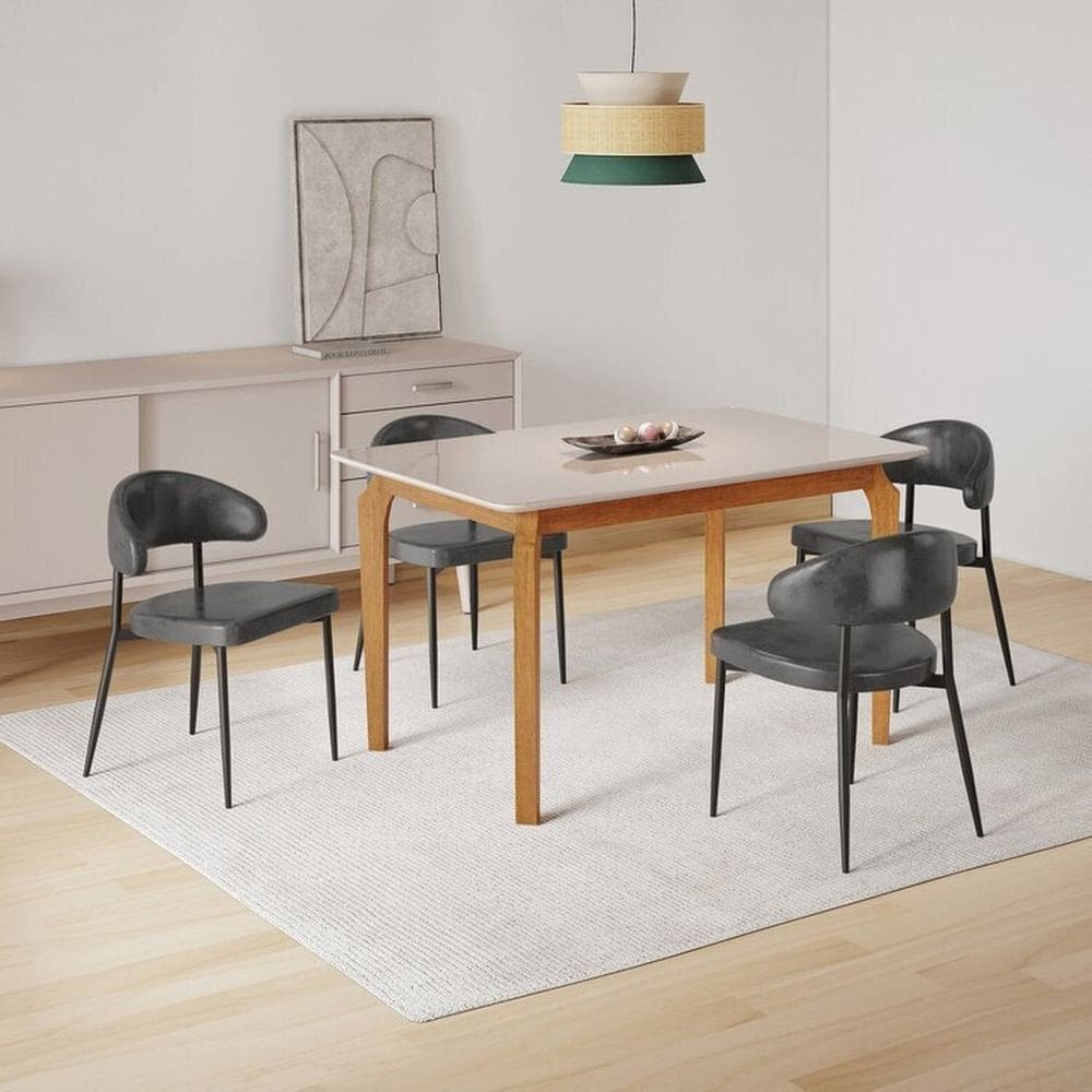 Conjunto Sala de Jantar Mesa com Vidro Candian 4 Cadeiras Bless Marrom/Off White/Preto