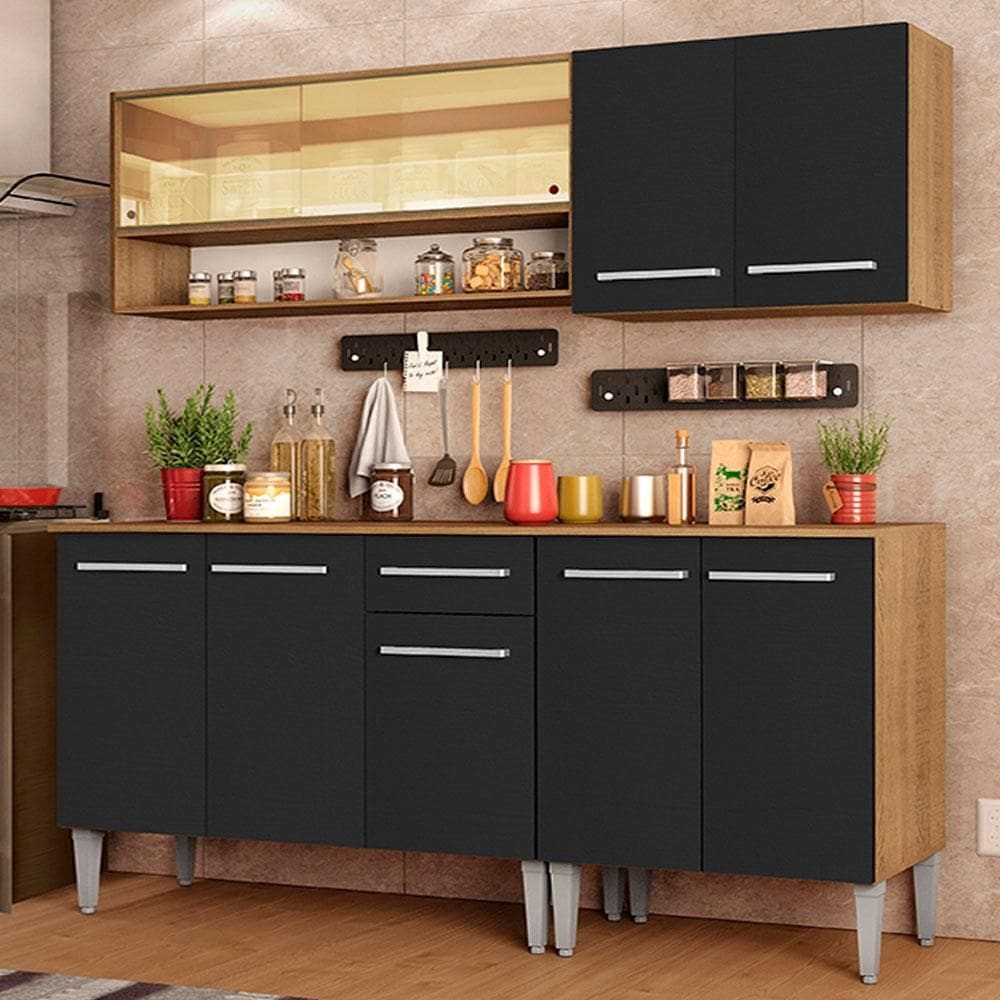Cozinha Completa Madesa Emilly Dance com Balcão e Armário Vidro Reflex - Rustic/Preto XV