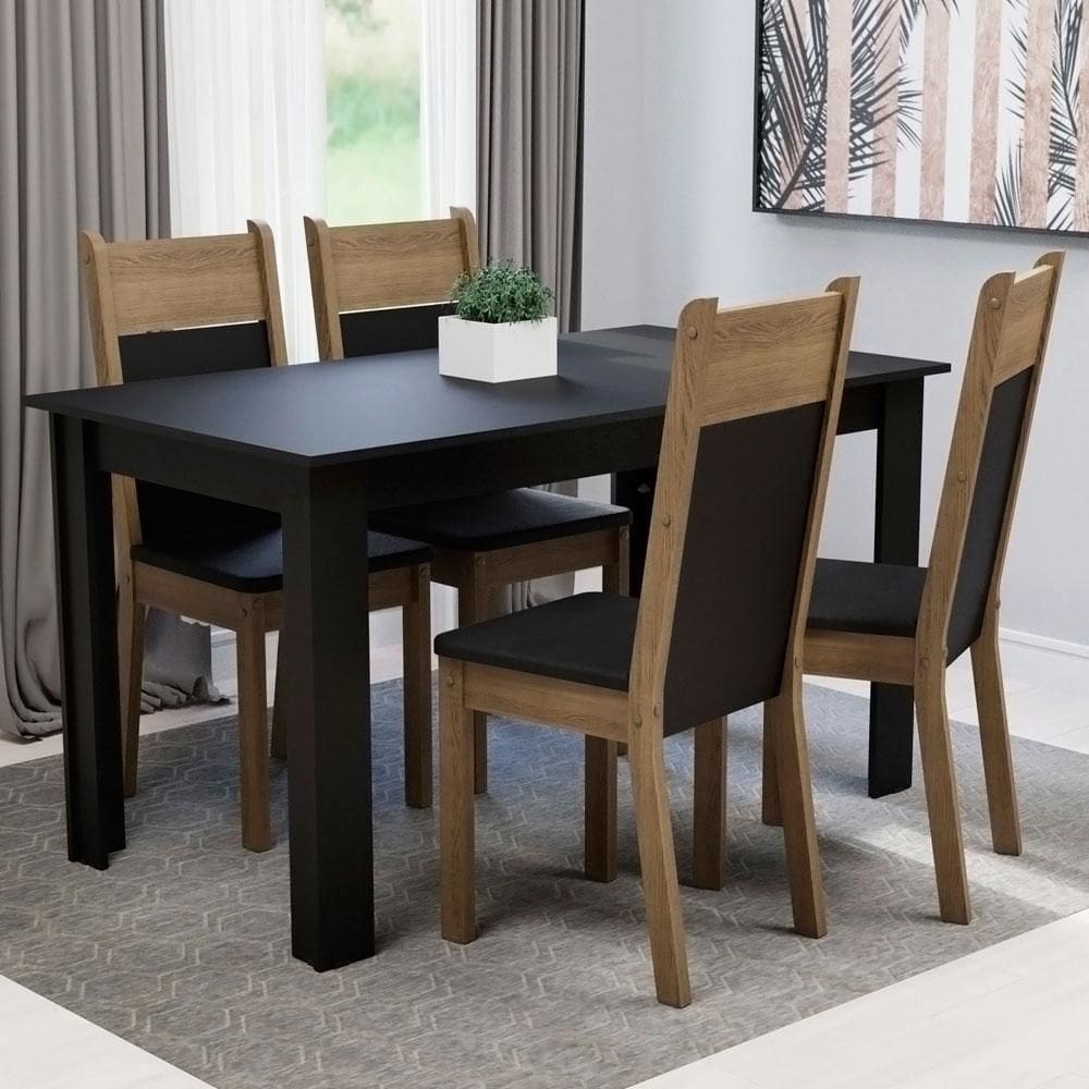 Conjunto Sala de Jantar Madesa Havana Mesa Tampo de Madeira com 4 Cadeiras - Preto/Rustic XV
