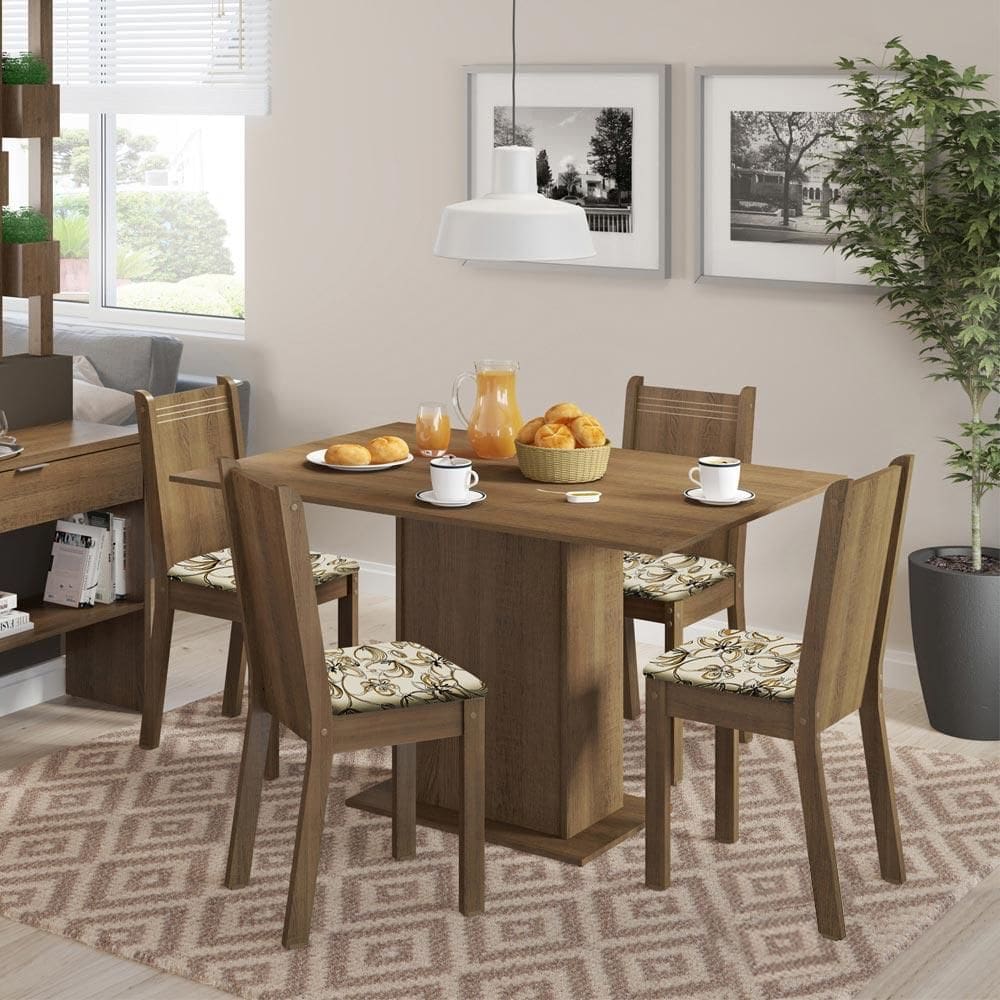 Conjunto Sala de Jantar Lexy Madesa Mesa Tampo de Madeira com 4 Cadeiras - Rustic/Floral Lírio Bege XV