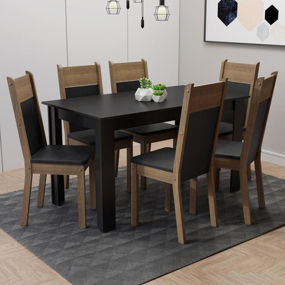 Conjunto Sala de Jantar Madesa Medelin Mesa Tampo de Madeira com 6 Cadeiras - Preto/Rustic/SintPreto XV