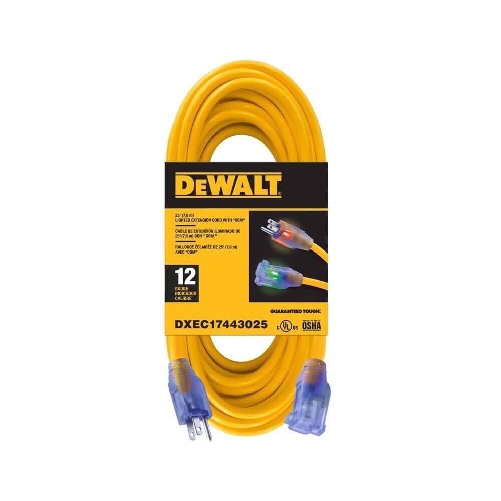 Cabo de extensão DEWALT 25 pés 12/3 SJTW Lighted Heavy Duty