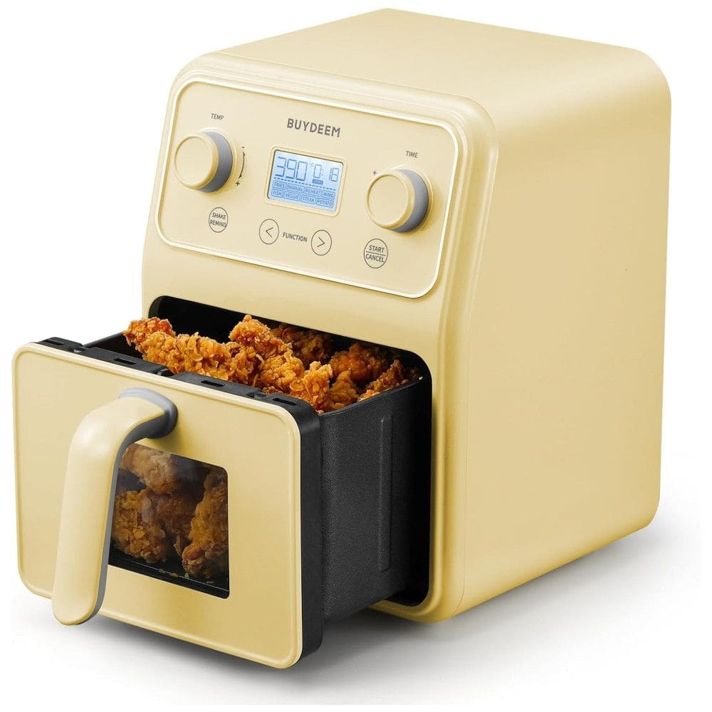 Forno Airfryer 4 Litros 8 em 1 com Janela Retrô e Lembrete de Agitar, 110V 1200W, Buydeem, Amarela