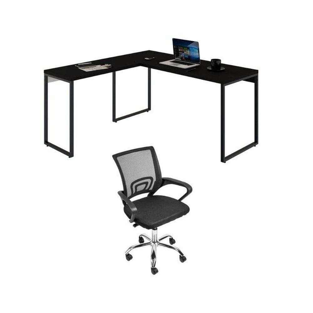 Conjunto Escritório 1 Mesa em L Industrial 150cm Kuadra 1 Cadeira de Escritório Diretor Tok Onix