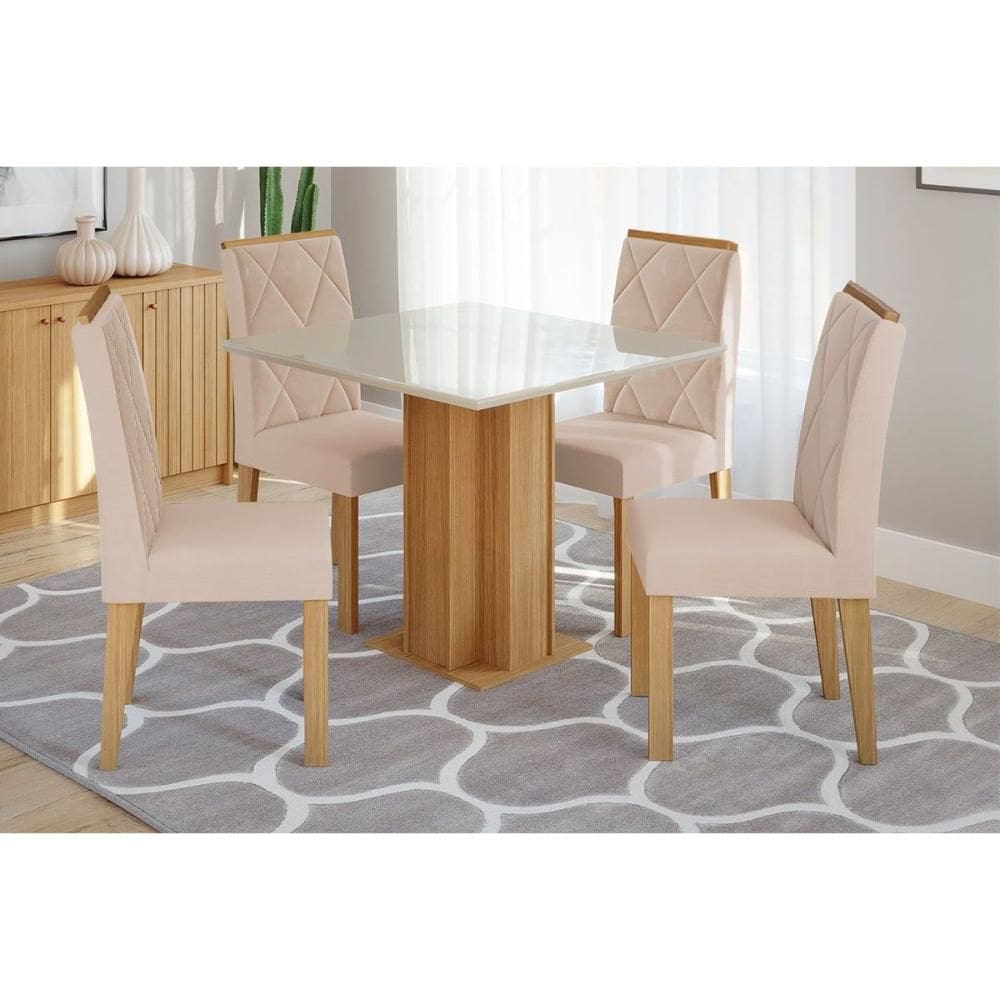 Conjunto: Mesa de Cozinha Sophia c/ Tampo Madeirado c/ Vidro 95x95cm e 4 Cadeiras Fernanda Nature/Off White-Suede Nude Bege - Cimol