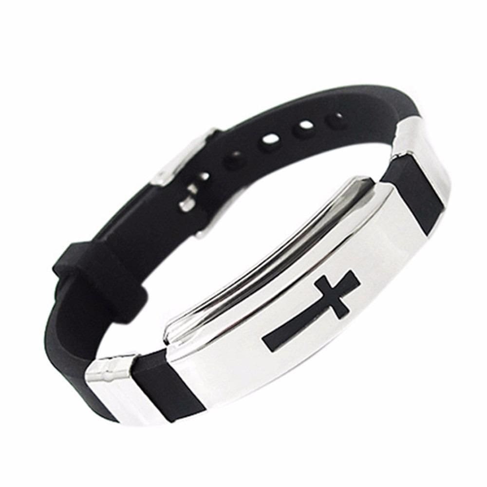 Pulseira Masculina Preta Silicone Cruz Inox
