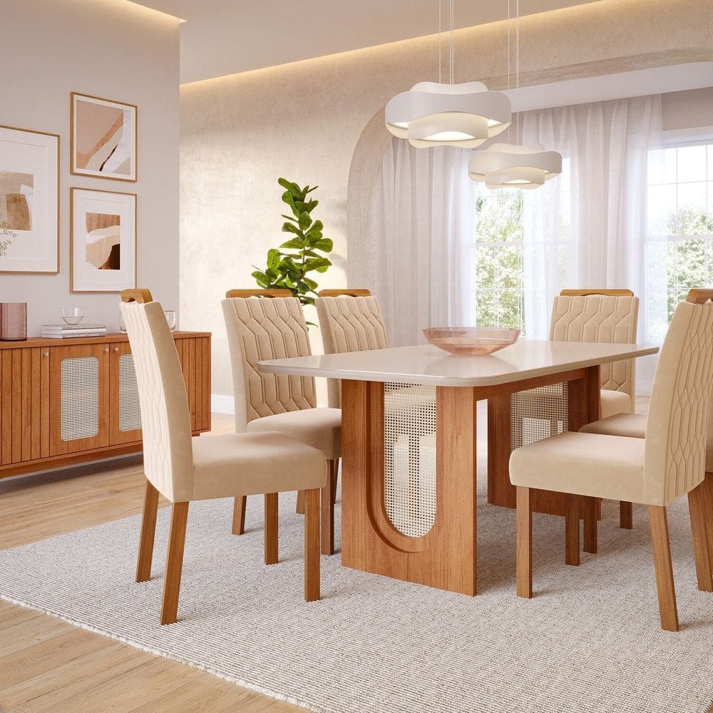 Sala de Jantar Valentina 1,80 com 6 Cadeiras Paola Cinamomo/Offwhite/Nude