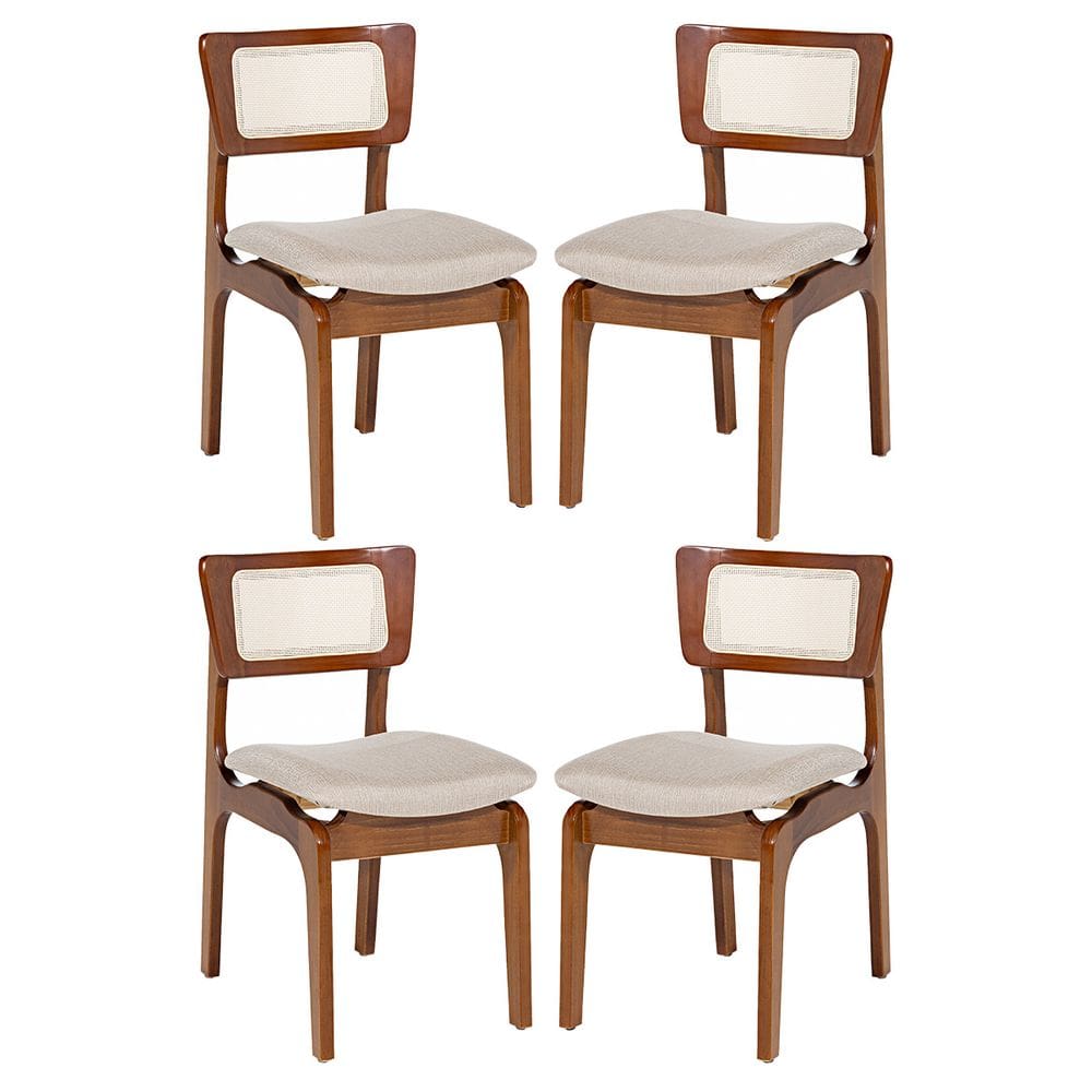 Kit 4 Cadeiras Portugal para Jantar em Madeira Imbuia Tela Rattan Linho Bege M58