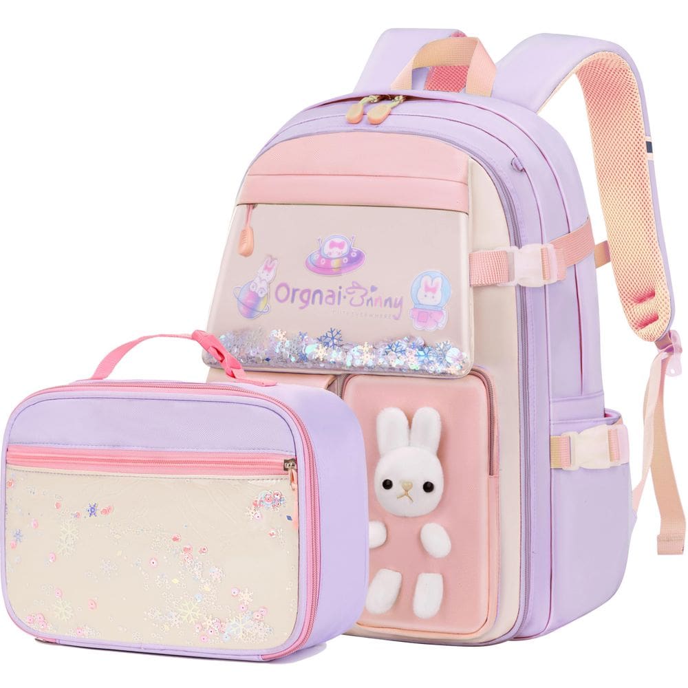 Mochila Gazigo Bunny para meninas com lancheira roxa de 6 a 12 anos