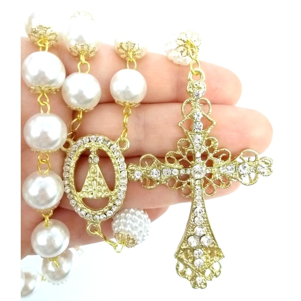 Terço De Noiva Dourado Perolas Brancas Aparecida